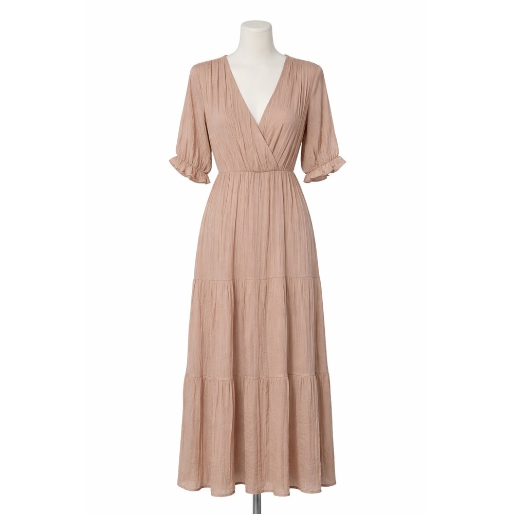 Bella Ella Tan Tiered Maxi Dress Surplice V-Neck Short Sleeve XL